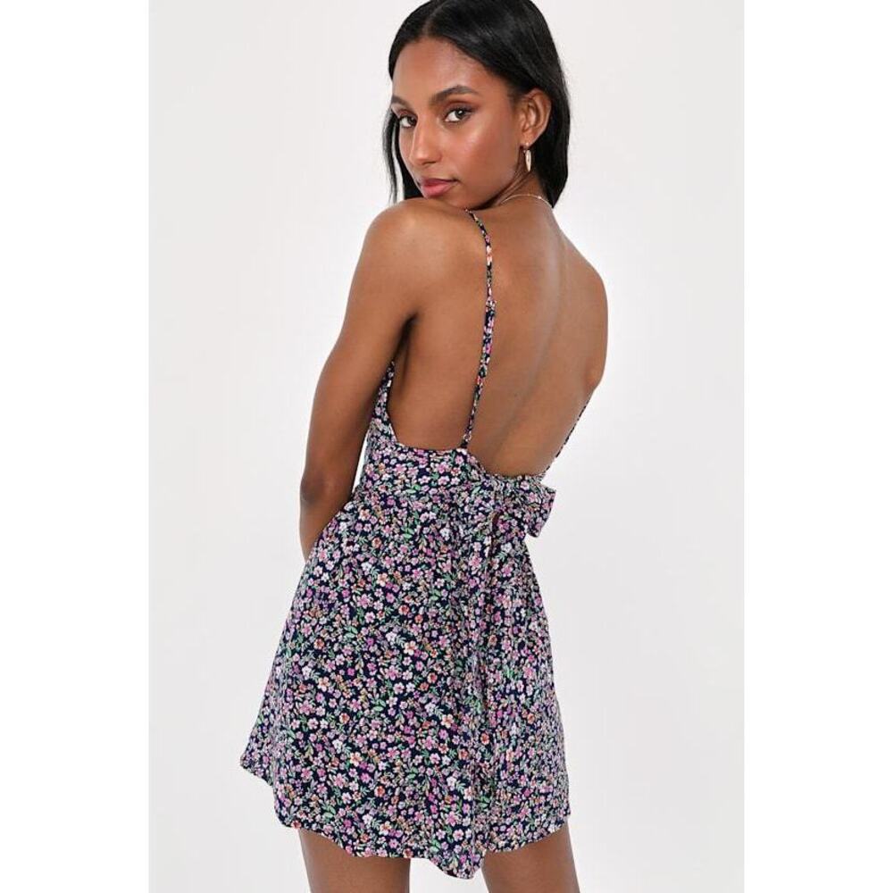 Lulus Inspiring Cutie Navy Blue Floral Tie-back Sleeveless Romper - Size XL